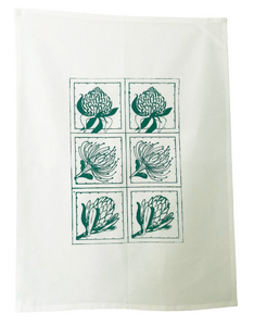 Tea Towel - Protea Natives green - pincushion, protea and waratah