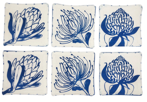 Fabric Linen Coasters - Protea Natives - pincushion, protea and waratah (set of 6)