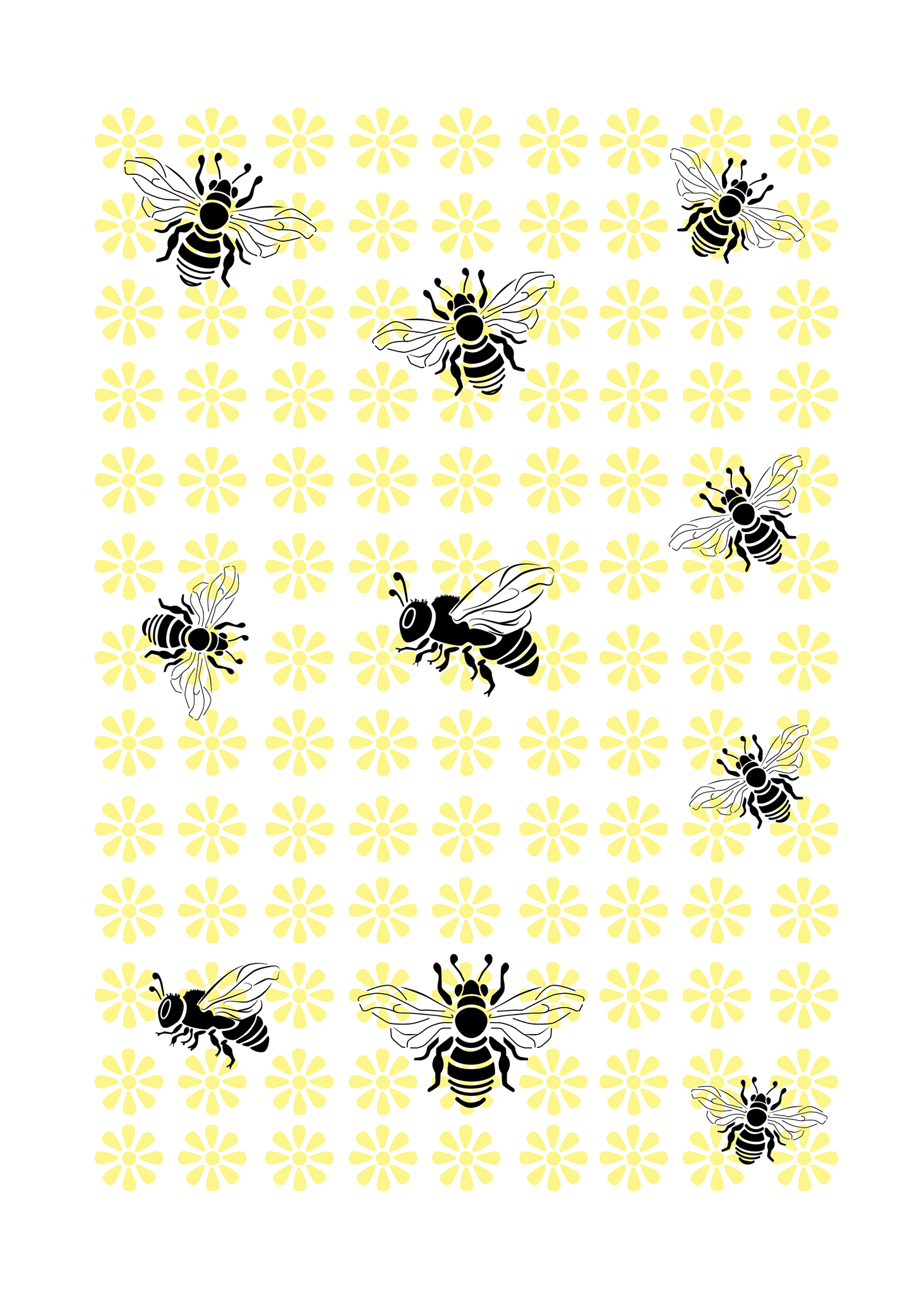 Tea Towel - Bees on flowers (white)