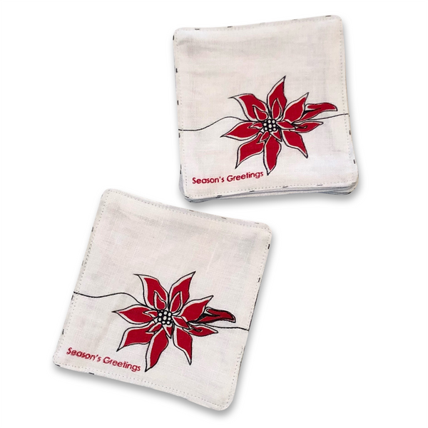 Fabric Linen Coasters - Poinsettia "Season's Greetings" (set of 6)